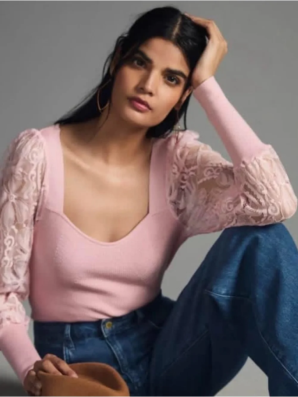 Anthropologie Lightweight Lace-Sleeve Sweater Sz Medium